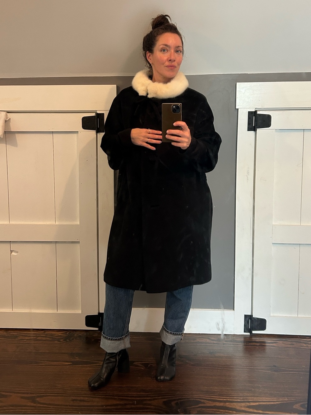 Lilli Ann Vintage 1950s Black Wool Pea Coat with Cream Fur Collar
